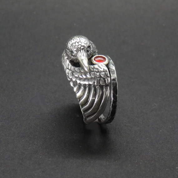 Dark Raven Ring with Carnelian or Another Stone of Your Choice - Gothic Silver Jewelry - Realistic Animal Ring