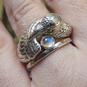 White Raven Ring Pagan Wedding Ring with Moonstone Sterling Silver Ring Double Ring Witch Ring Totem Ring image 2