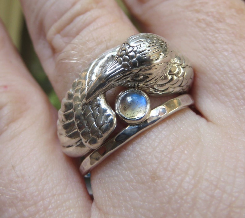 White Raven Ring Pagan Wedding Ring with Moonstone Sterling Silver Ring Double Ring Witch Ring Totem Ring image 2