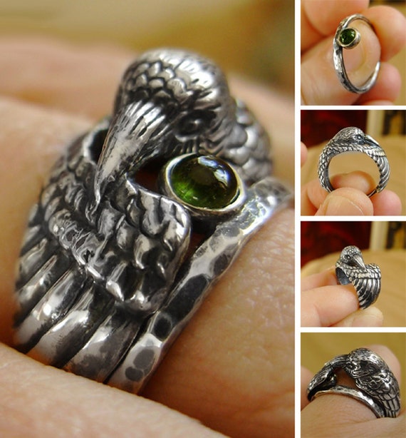 Raven Ring with Green Tourmaline Companion Crow Ring for Witches and Norse Mythology Lovers