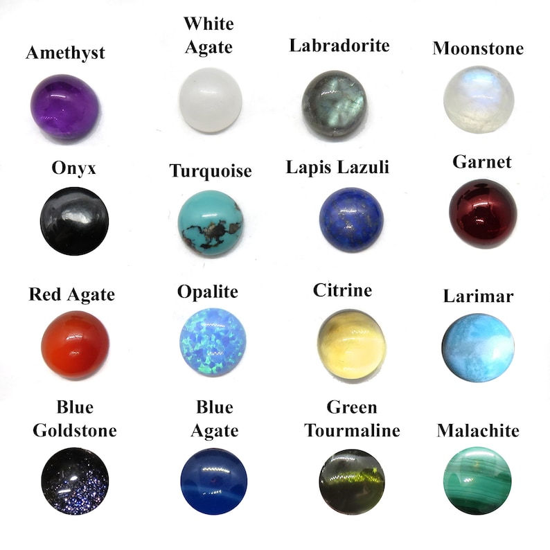 May include: A collection of 16 gemstone cabochons, each with a different color and name. The gemstones are arranged in four rows of four, with the names of the gemstones printed above each row. The gemstones include amethyst, white agate, labradorite, moonstone, onyx, turquoise, lapis lazuli, garnet, red agate, opalite, citrine, larimar, blue goldstone, blue agate, green tourmaline, and malachite.