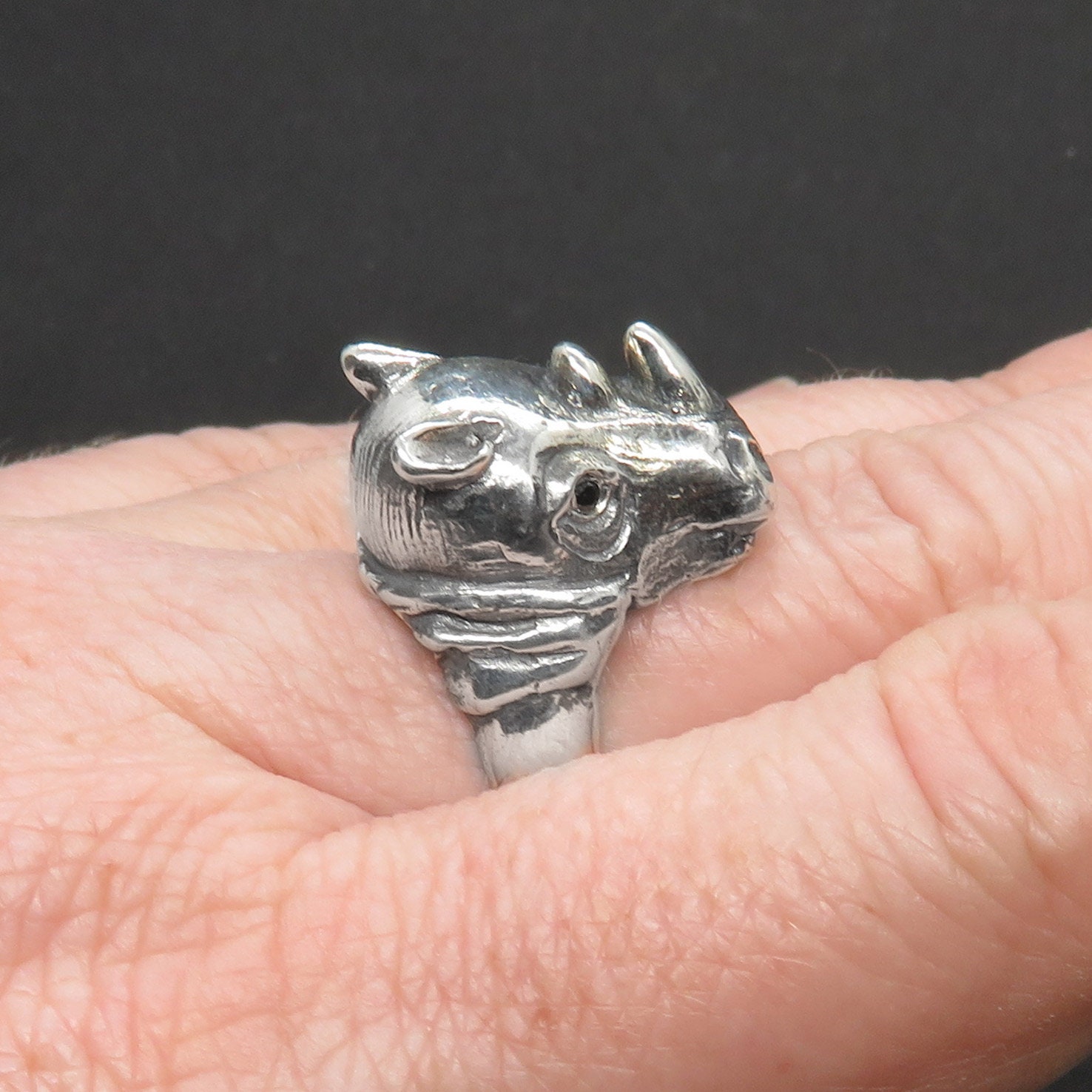 Rhinoceros Ring With Black Diamonds - Chunky Animal Ring in Sterling ...