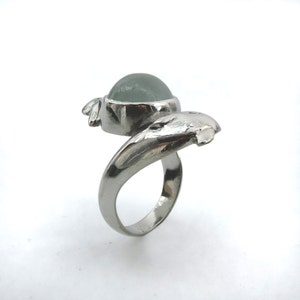Dolphin Ring with Milky Aquamarine Sculpted Silver Ring with Oval Stone Animal Ring Totem Ring Ocean Ring Aquamarine Ring image 3