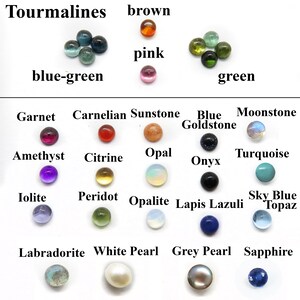 May include: A chart of gemstone cabochons, including tourmalines, garnet, amethyst, iolite, labradorite, carnelian, citrine, opal, sunstone, moonstone, blue goldstone, onyx, turquoise, peridot, opalite, lapis lazuli, sky blue topaz, white pearl, grey pearl, and sapphire.