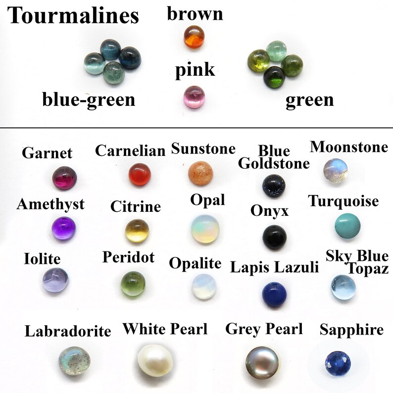 May include: A chart of gemstone cabochons, including tourmalines, garnet, amethyst, iolite, labradorite, carnelian, citrine, opal, sunstone, moonstone, blue goldstone, onyx, turquoise, peridot, opalite, lapis lazuli, sky blue topaz, white pearl, grey pearl, and sapphire.