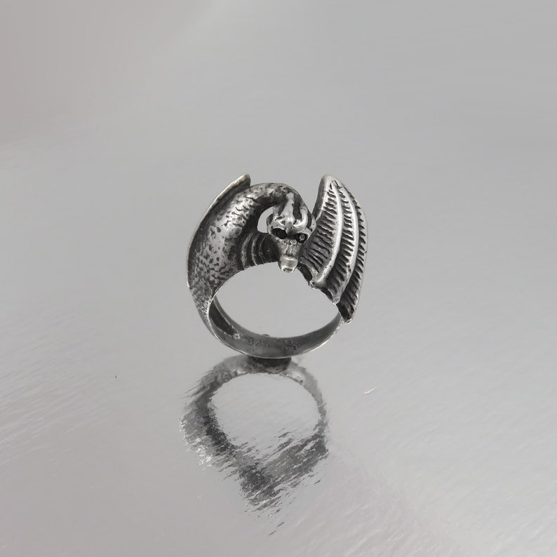 Dragon Ring with Black Diamond Eyes Full Body Sculpted Western Dragon in Sterling Silver Animal Totem Ring Witch Jewelry Pagan Ring image 1