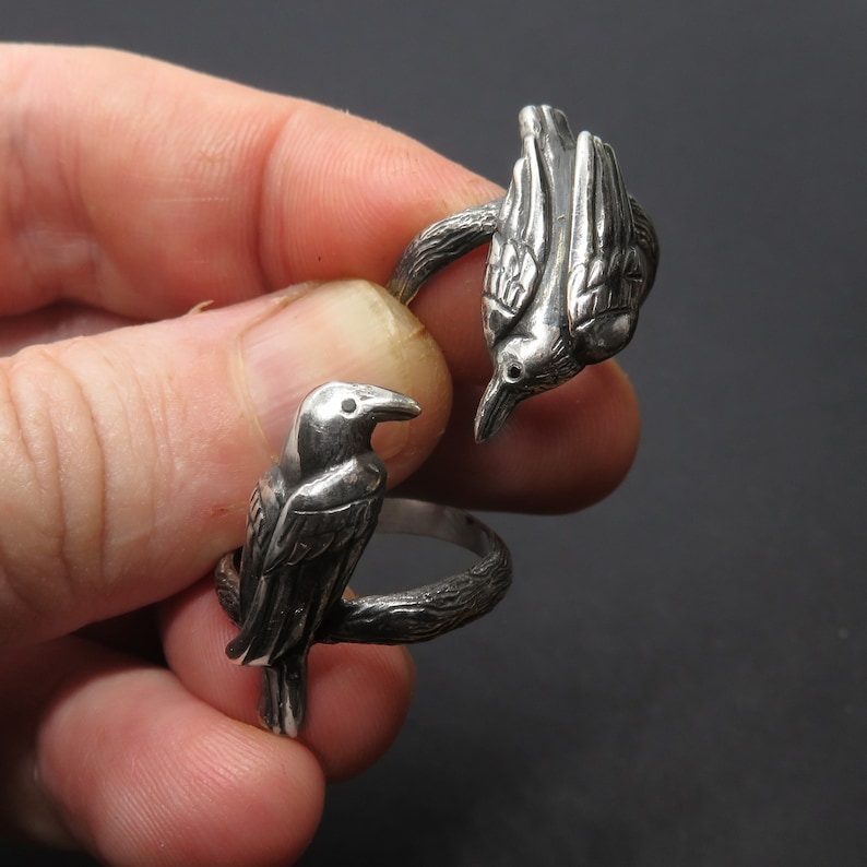 Double Ring with Two Ravens Huginn and Muninn Ring