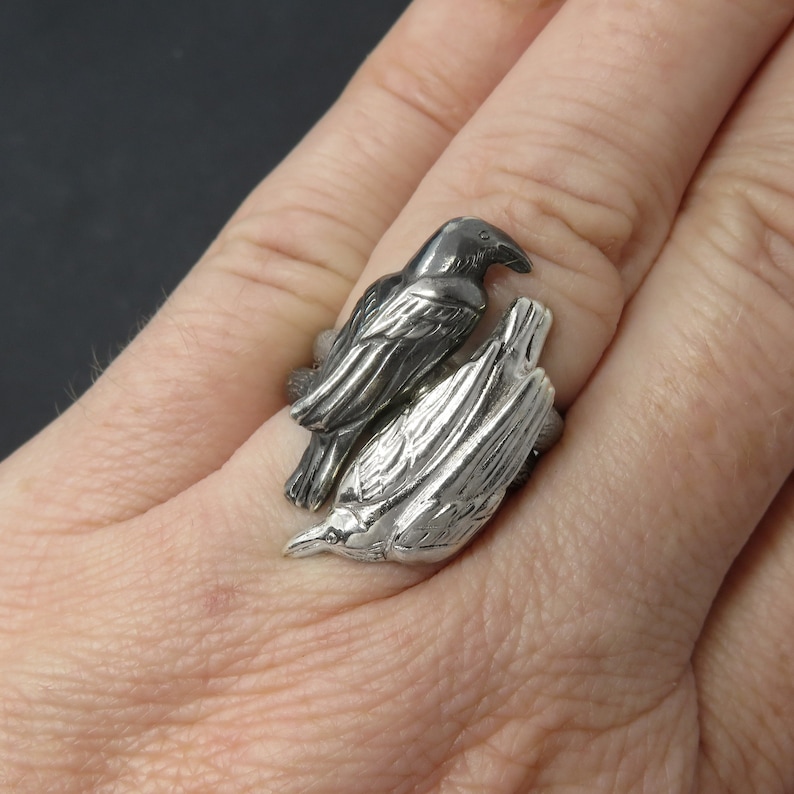 Double Ring with Two Ravens Huginn and Muninn Ring