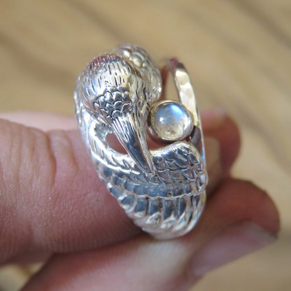 White Raven Ring - Pagan Wedding Ring with Moonstone - Sterling Silver Ring - Double Ring - Witch Ring - Totem Ring