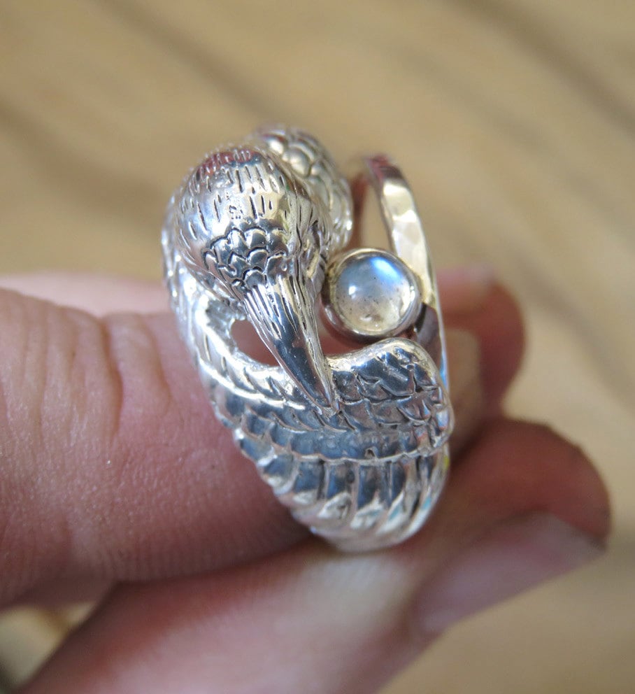 White Raven Ring - Pagan Wedding Ring with Moonstone - Sterling Silver Ring - Double Ring - Witch Ring - Totem Ring