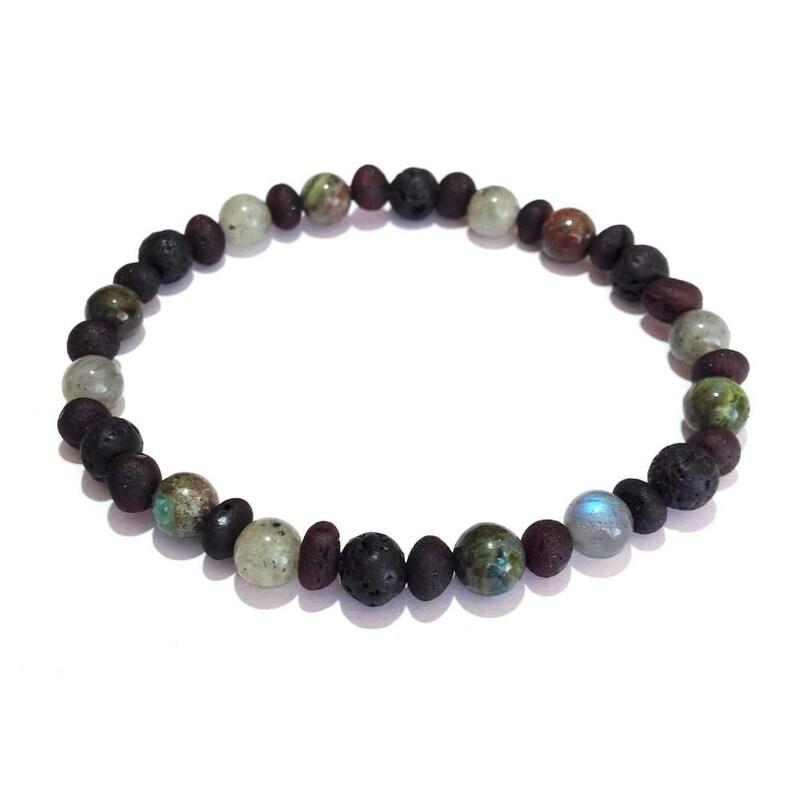 Natural Beads Real Stress Anxiety Adult Mens Bloodstone Labradorite Lava Volcanic Stone Baltic Amber Stretch Elasticated Bracelet Sol