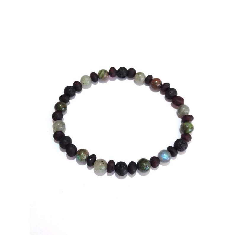 Natural Beads Real Stress Anxiety Adult Mens Bloodstone Labradorite Lava Volcanic Stone Baltic Amber Stretch Elasticated Bracelet Sol