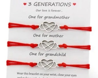 3 Generations Red String Silver Love Heart Infinity Wish Bracelet Friendship Gift | Mother Grandmother Grandchild | New Mum