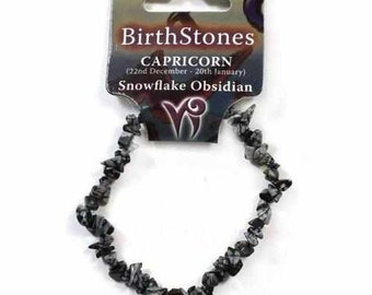 Capricorn Birthstone Adult Elasticated Chip Gemstone Bracelet, Snowflake Obsidian, Birthday Gift For Ladies and Men, Black White, Negativity