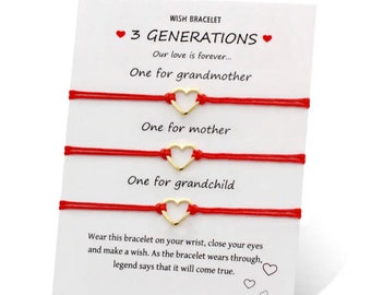 3 Generations Red String Heart Wish Bracelet | Love Gift | Mother Grandmother Grandchild