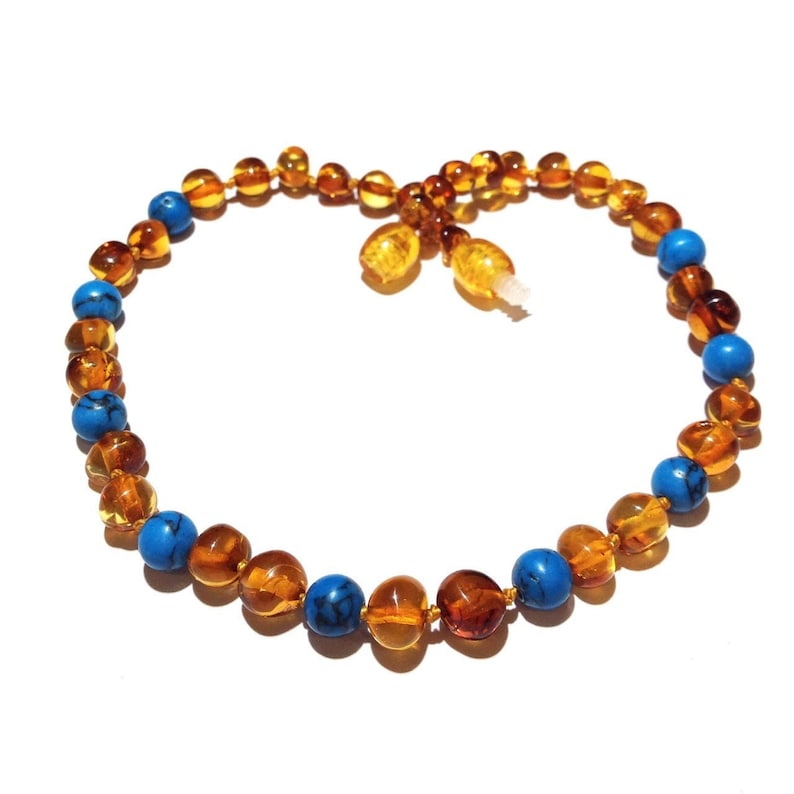 Child Apollo Polished Honey Baltic Amber Blue Green Turquoise Howlite Necklace