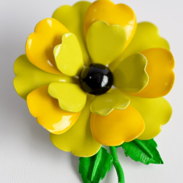 Large Bright Multi Tone Yellow Enamel Flower Brooch with Black Glass Cabochon