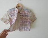 delicalted vintage cropped blazer, jacket,pastel geometric embroidery,short sleeve,bell buttons,hand woven, organic cotton, mandarin collar