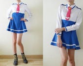School Uniform Cosplay Dress, Costume white and blue micro mini MOD dress, removable pink necktie,long sleeve,flare skirt,lolita, Small