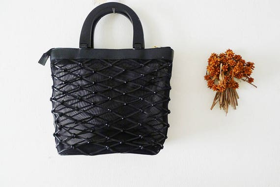 70s Vintage Black faux leather woven and net see … - image 4