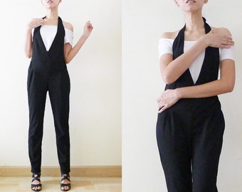 80s plain black Halter Jumpsuit, disco pants with suspenders, open back fitted overalls, romper, 2 pockets, elastic waist, minimalist, XS-S