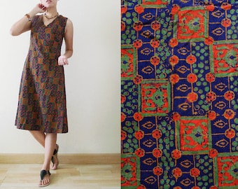 vtg Blue Red Green Indian Woodblock Printed cotton midi Dress, sleeveless summer dress,Hippie,Boho,Gypsy,aztec,Festival,sun dress,beach, S-M