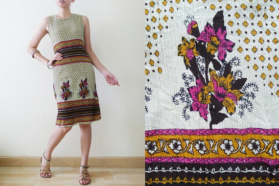 70s colorful Ethnic cotton sleeveless sun dress,t… - image 1