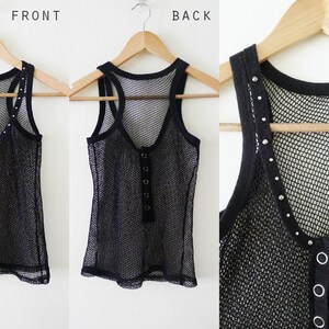 90s black mesh sleeveless racer back tank top,see through shirt,sheer net top,fishnet,stretchy,punk,with studs and RHINESTONES detail,XS-S-M image 3
