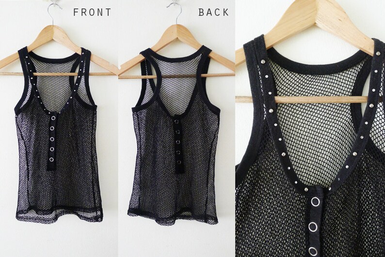 90s black mesh sleeveless racer back tank top,see through shirt,sheer net top,fishnet,stretchy,punk,with studs and RHINESTONES detail,XS-S-M image 3