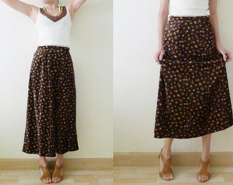 Vintage Brown Velvet maxi skirt, with cute orange roses printed, high waist, a line,side zipper closure, made in Japan,  XS-S