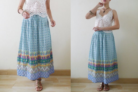 90s Colorful Indian Style Gauze cotton maxi skirt… - image 3