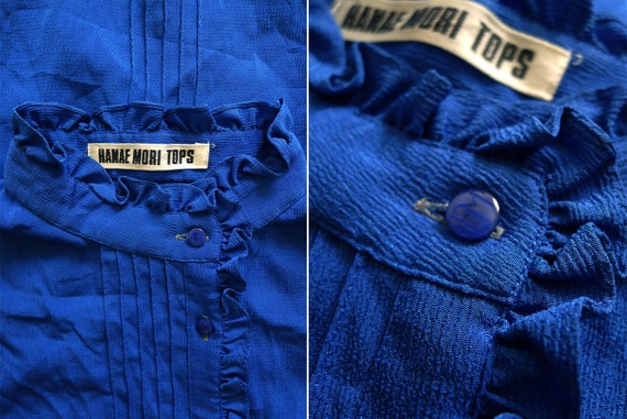 1970s Hanae Mori cobalt blue ruffle top, stand co… - image 10