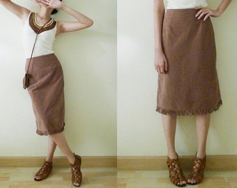 Vintage Brown Caramel suede look fringe skirt, knee Western Skirt,COWGIRL COSTUME,high waist, a line,side zipper closure,made in Japan, XS-S