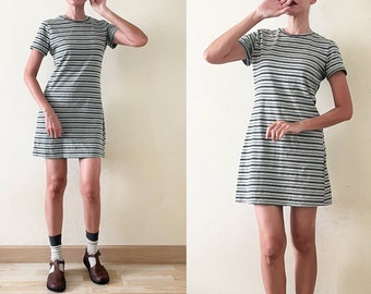 Cute 90s Green Grey Black and  White striped mini t-shirt dress, short sleeve, grunge, soft grunge, summer, harajuku, stretchy, kawaii, S-M