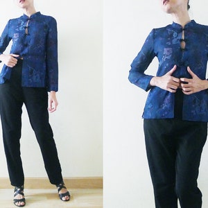 Good Cutting 70s Blue Cheongsam / QiPao Chinese top,semi sheer,long sleeve,mandarin collar shirt,Florals printed,exotic,oriental,Asian,Small image 4