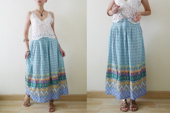 90s Colorful Indian Style Gauze cotton maxi skirt… - image 2