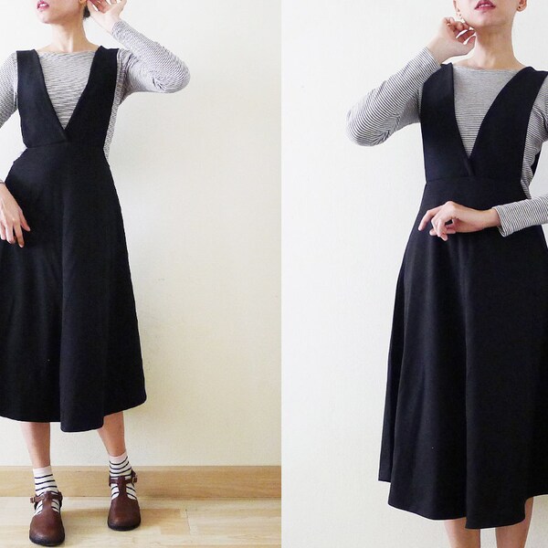 90s V- Neck black overall dress, midi pinafore dress, jumper flare knee dress, suspenders,dungarees, deep armhole, folk, minimalist, S-M