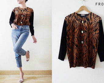 80s Japanese Vintage Velvet Animal printed top,tiger blouse,gold tone embellishment,long sleeve,baroque shirt,jungle,leopard,wild cat, S-M-L