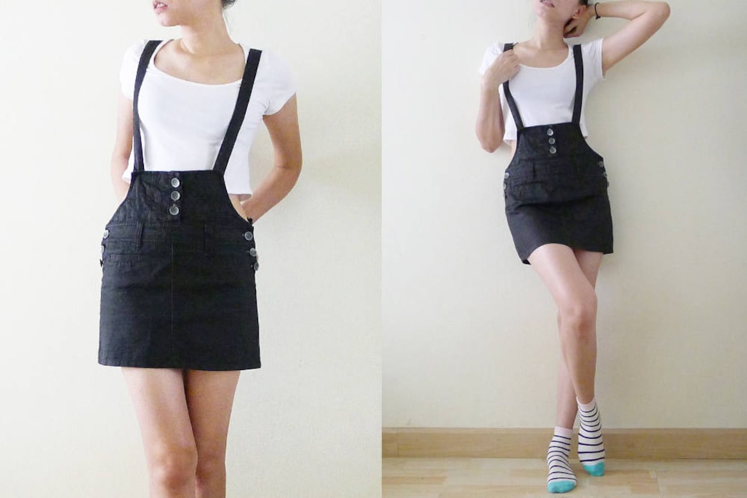 90s Black Cotton Micro Mini Overall Dress : High Waisted Suspenders ...