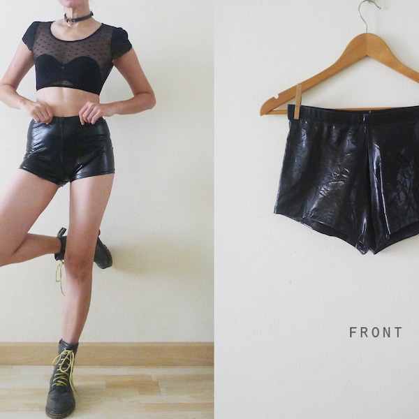 Leather look alike 90s Avant Garde Plain black High waisted shorts hot pants,club kid bottom, futuristic, punk, cyber raver,glam, mod, Small