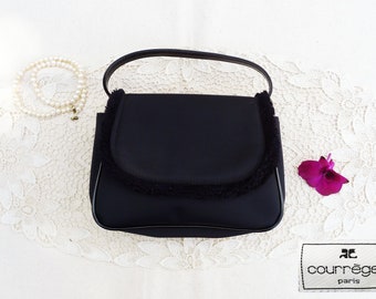 Delivered Duty Paid for US customer : 90s COURRÈGES Black Nylon Mini handbag with fur details, removable strap, top handle purse, minimalist