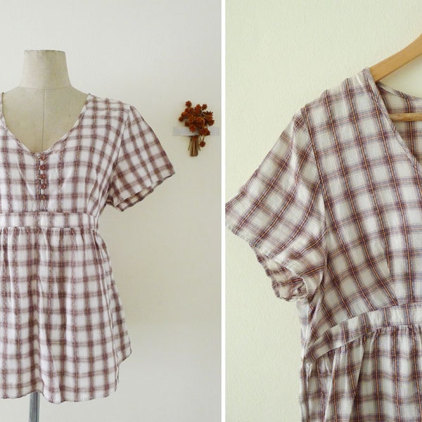 Free Shipping Japanese baby doll short sleeve plaid top, cotton blouse, sweet and classic, minimalist, GRID, zakka,bow tie deep neck, M-L-XL