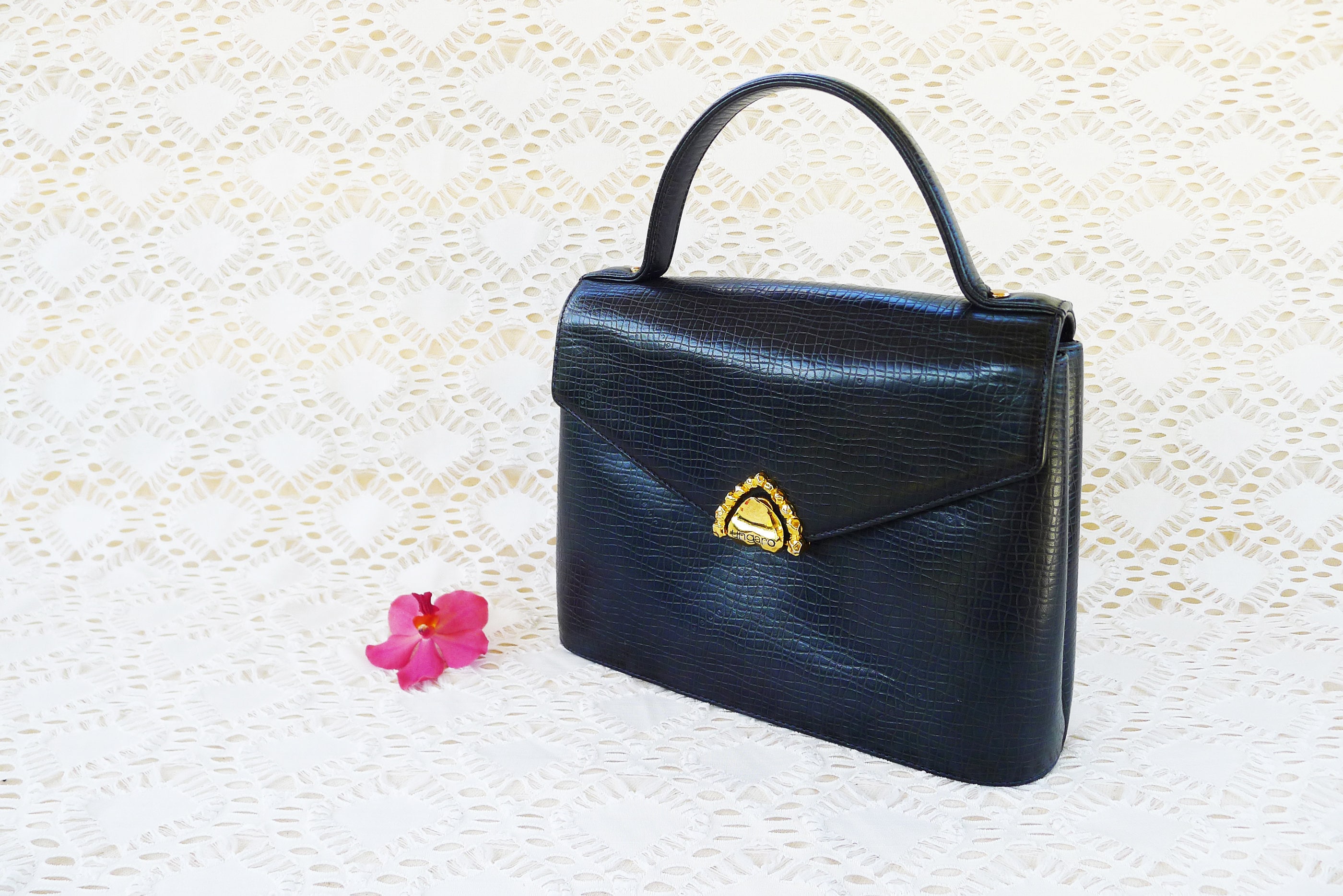 UNGARO ネイビー レザー ミニバック 80s Vintage UNGARO Dark Navy / Black Genuine Leather Handbag