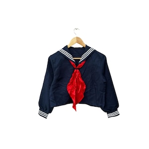 90s Japanese Dark Navy high school uniform top, sailor collar with build in red scarf, long sleeve, cosplay, sailor moon top, costume, S-M