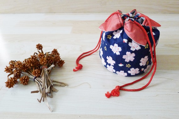 70s Japanese SAKURA Kinchaku Drawstring Mini Bag KIMONO Pouch 