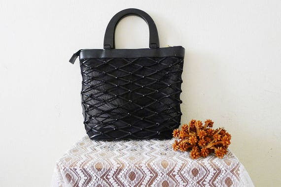 70s Vintage Black faux leather woven and net see … - image 6