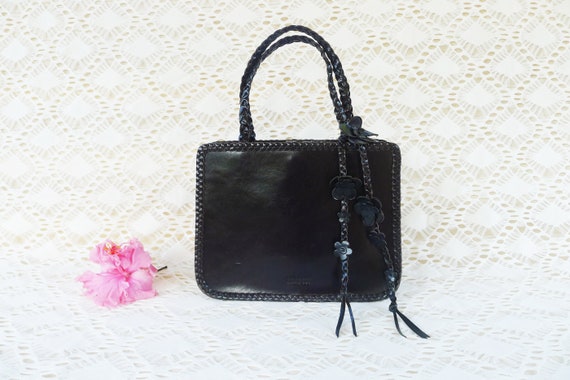 90s ANNA SUI Black Genuine Leather Rigid Box Shap… - image 1