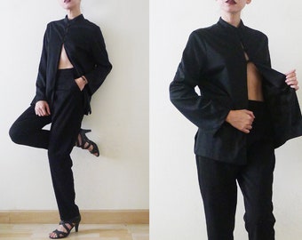 70s High Slit Black Mandarin collar top,Avant garde shirt,Cheongsam / QiPao Chinese top,long sleeve,minimalist,club kid,futuristic,cyber,S-M