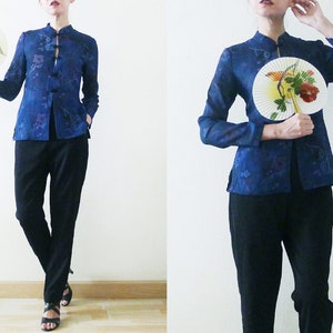 Good Cutting 70s Blue Cheongsam / QiPao Chinese top,semi sheer,long sleeve,mandarin collar shirt,Florals printed,exotic,oriental,Asian,Small image 1