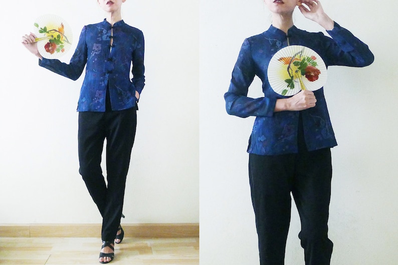 Good Cutting 70s Blue Cheongsam / QiPao Chinese top,semi sheer,long sleeve,mandarin collar shirt,Florals printed,exotic,oriental,Asian,Small image 1